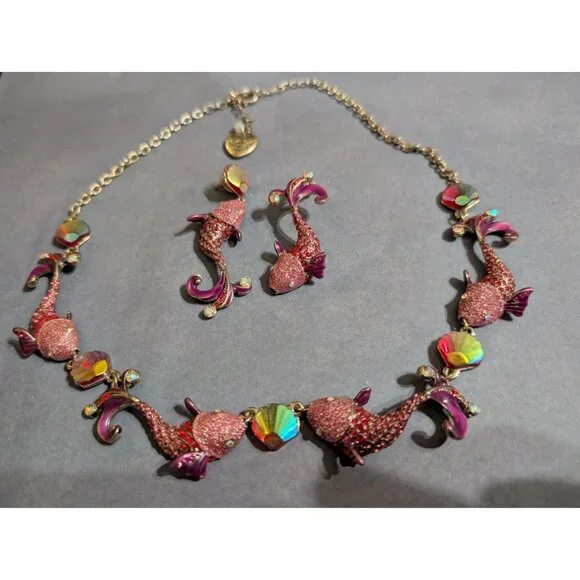 Betsy Johnson Koi Fish Necklace and Earrings Pink Sparkly Gold Tone Chain 21 in - Picture 1 of 6